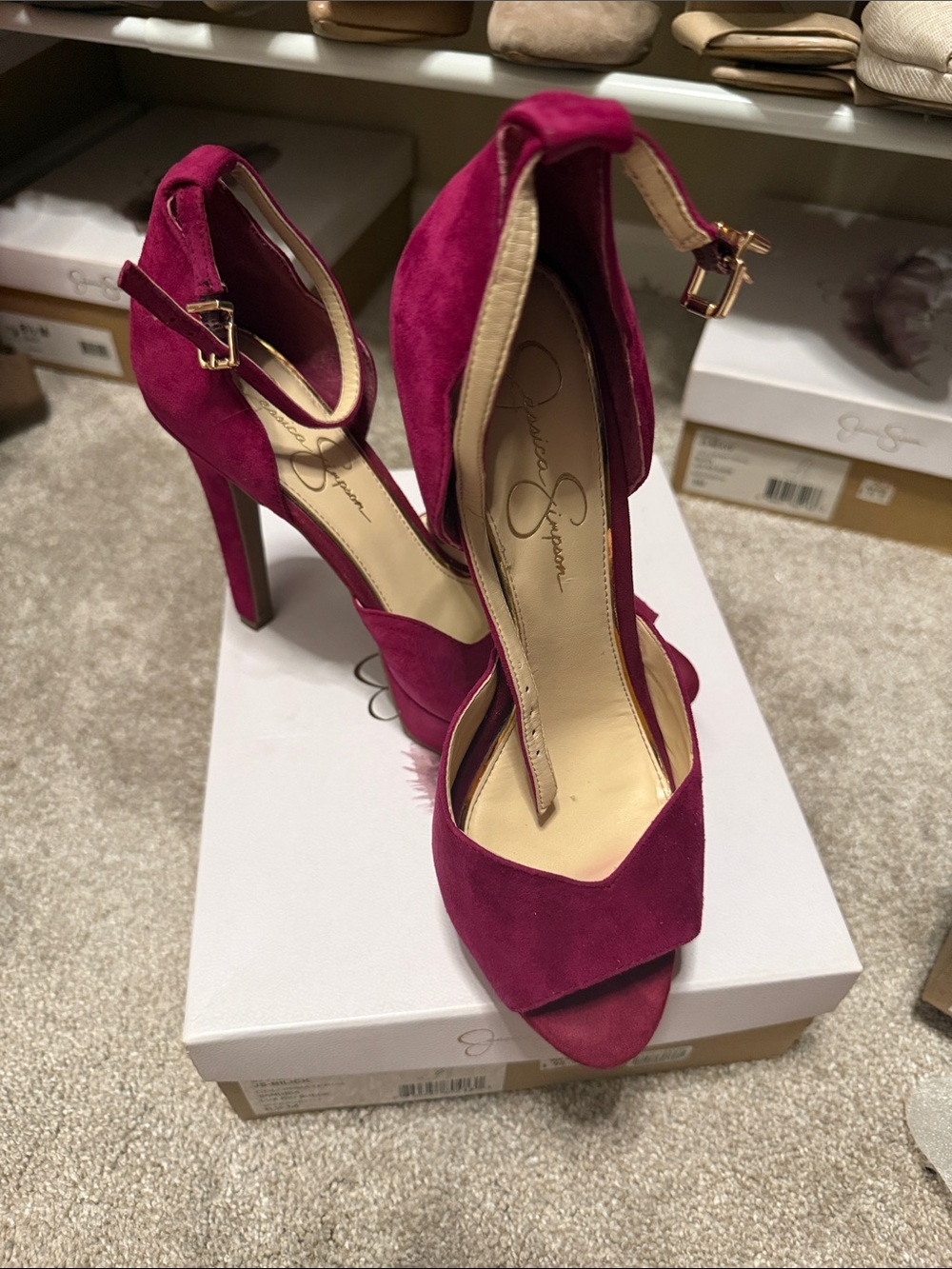 Jessica Simpson Magenta Suede Open-Toe Ankle-Strap Stilettos